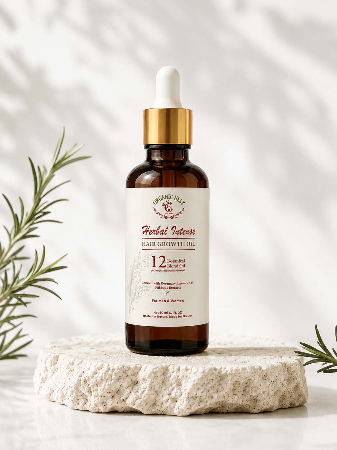 Organic Nest Herbal Intense Hair Growth Oil featuring a 12 botanical blend in a natural glass bottle with a dropper.