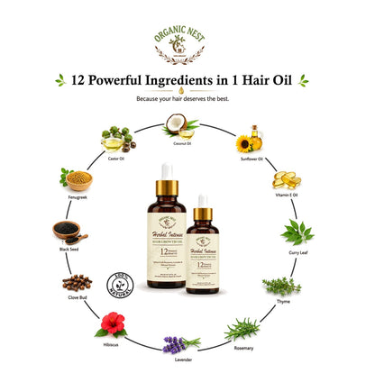 Organic Nest Herbal Intense Hair Growth Oil with 12 botanical blend, shown in a clear glass bottle with fresh herbs around.