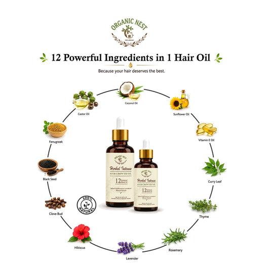 Organic Nest Herbal Intense Hair Growth Oil with 12 botanical blend, shown in a clear glass bottle with fresh herbs around.