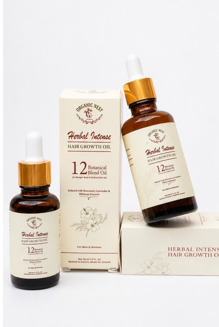 Organic Nest Herbal Intense Hair Growth Oil with 12 botanical blend, showcasing the herbal oil bottle and natural ingredients.