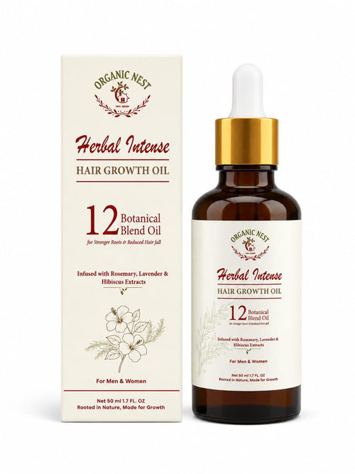 Organic Nest Herbal Intense Hair Growth Oil with 12 botanical blends, showing a dark glass bottle with herbal ingredients.